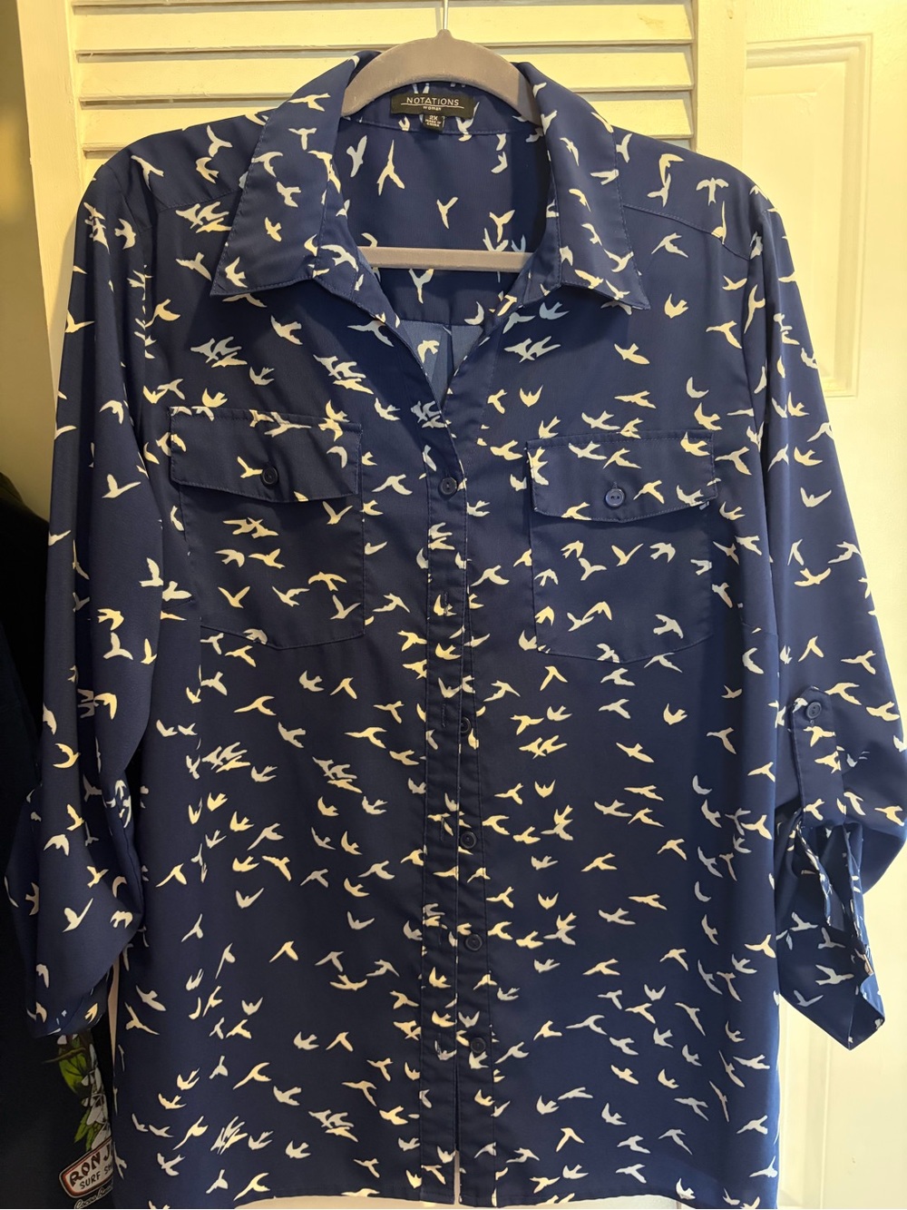 Notations Navy and White Bird-Print Button Front Utility Jacket